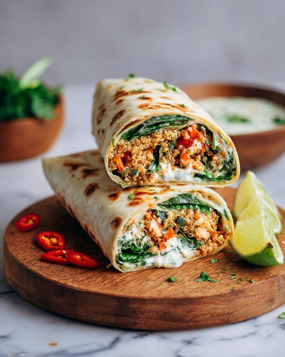 Two halves of a burrito wrap are stacked on top of each other on a round wooden board. The outer layer is a light beige, slightly toasted tortilla with brown spots. Inside, the first layer is a green leafy vegetable, followed by a layer of light beige cooked quinoa with visible individual grains. Above the quinoa is a bright red chunky sauce with small orange pieces, likely carrots, mixed in. Some white creamy sauce is visible near the bottom edge. In the background, there is a white marbled surface with blurred garnishes including lime slices, red chili peppers, and fresh green leaves. Photo taken with an iphone --ar 4:5 --v 7