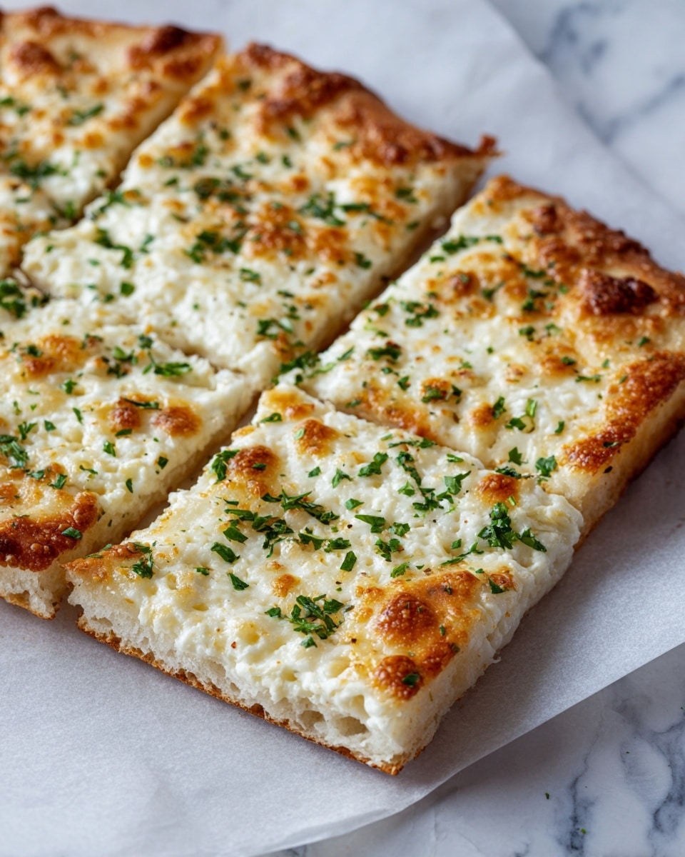A close-up image of a square flatbread with a golden-brown, slightly puffed crust that has small indentations throughout. The flatbread is topped with a thick, melted layer of creamy white cheese that has browned in spots, creating patches of golden and light brown. Scattered finely chopped green herbs add a fresh contrast on top of the cheese. The flatbread rests on white parchment paper, placed on a white marbled surface. photo taken with an iphone --ar 4:5 --v 7