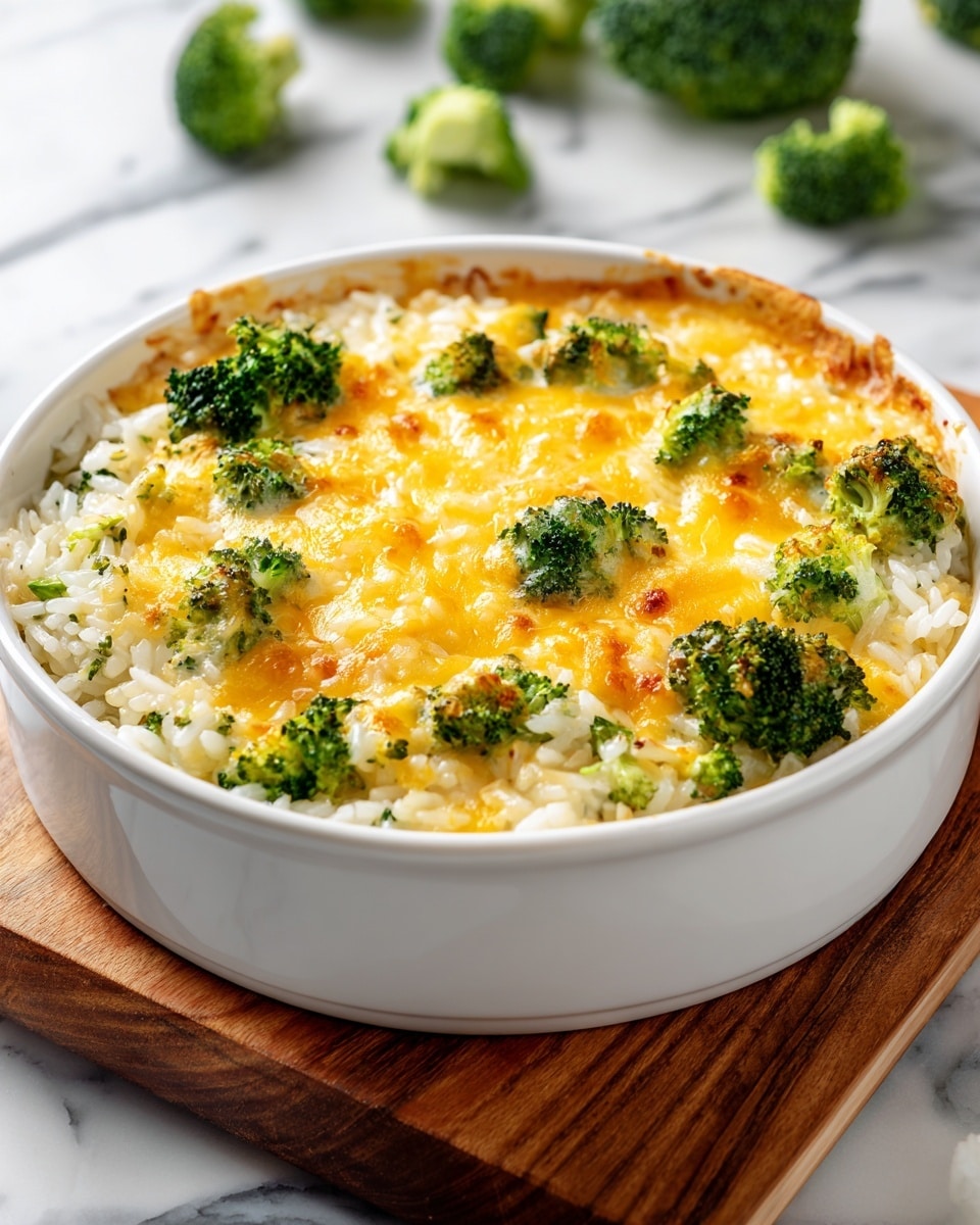 A white round casserole dish filled with three layers of food sits on a wooden board. The bottom layer is creamy white rice mixed with small green broccoli pieces spread evenly. The middle layer is melted golden-yellow cheese that is slightly browned on top. The top layer has fresh, bright green broccoli florets scattered evenly across the cheesy surface. The dish is placed on a white marbled surface, with whole broccoli heads blurred in the background. photo taken with an iphone --ar 4:5 --v 7