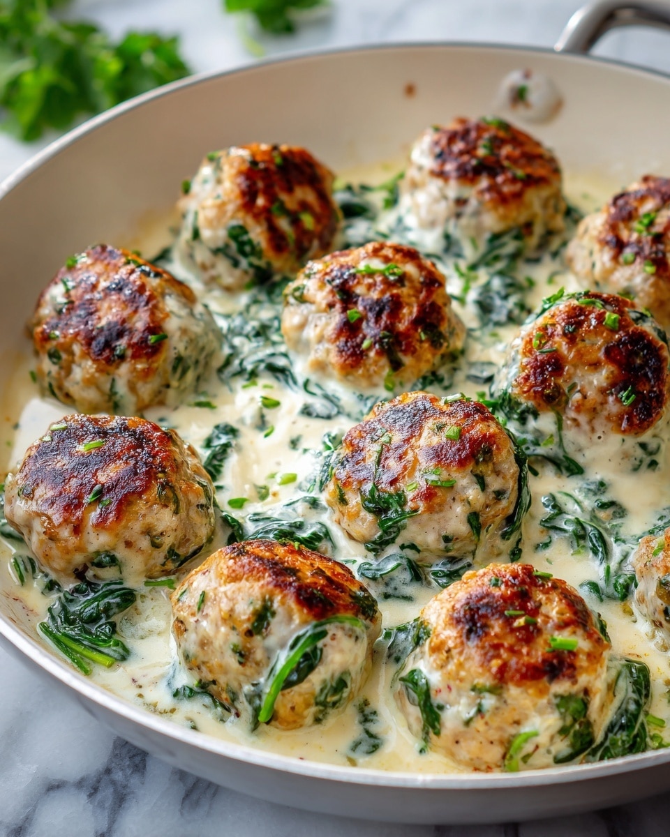 A round white pan filled with nine meatballs covered in creamy white sauce with green herbs mixed in, each meatball topped with a golden brown crispy layer that looks slightly charred. The meatballs sit on a bed of wilted dark green spinach leaves, partially submerged in the creamy sauce, creating a rich texture contrast. The white marbled surface is visible around the pan with some green leaves blurred softly in the background, adding a fresh touch. The light focuses on the dish highlighting the shiny, smooth sauce and the textured meatballs. photo taken with an iphone --ar 4:5 --v 7