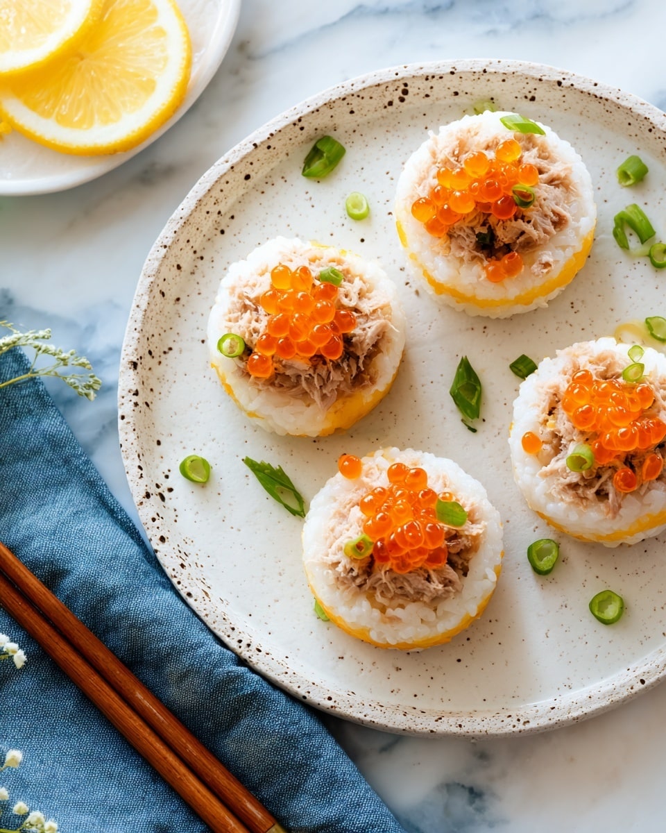 A round white speckled plate holds four sushi rice clusters arranged in a circle. Each cluster has a base of light beige, slightly sticky rice, topped with shredded light brown tuna. On top of the tuna is a small dollop of bright orange fish roe along with chopped green onion slices sprinkled over all layers. Scattered green onion bits fill the empty space on the plate. A wooden chopstick rests on a dark blue cloth to the right side of the plate. In the top left corner, a partial view of a white plate with lemon slices is visible, all set against a white marbled surface. Photo taken with an iphone --ar 4:5 --v 7