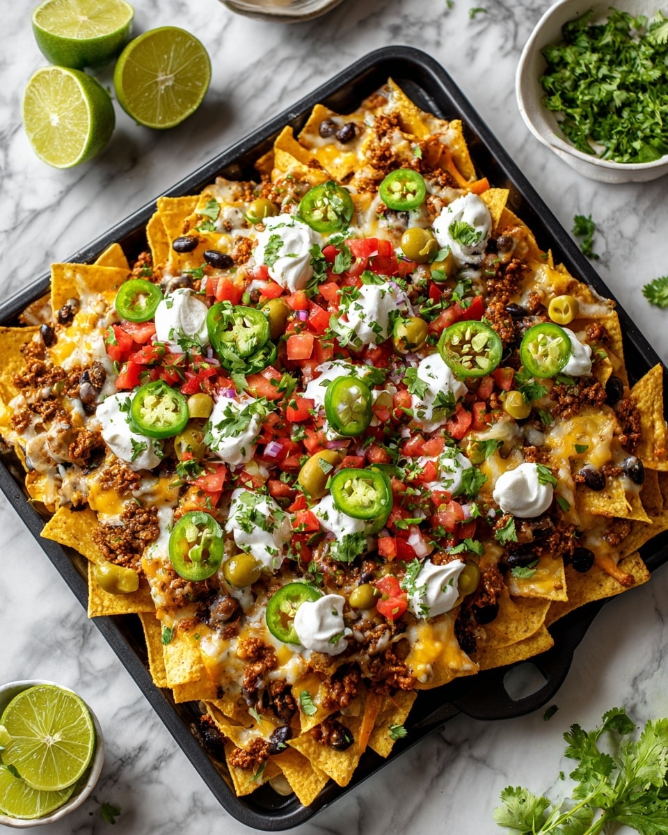 A large square black dish filled with one layer of yellow tortilla chips, covered by a thick layer of cooked ground meat mixed with melted cheese in light brown and creamy yellow colors, scattered with black beans and small corn pieces. On top, there is a fresh layer of chopped red tomatoes, green jalapeño slices, and whole green olives, sprinkled with white crumbly cheese and fresh green cilantro leaves. The dish is placed on a white marbled surface with a lime cut in half nearby. Photo taken with an iphone --ar 4:5 --v 7