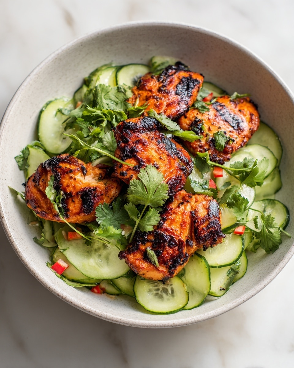 The dish is served in a white bowl with a speckled texture, placed on a white marbled surface. The bottom layer consists of bright green cucumber slices arranged in a loose circular pattern. On top of the cucumbers, there is a mix of finely chopped red and green vegetables with fresh cilantro leaves scattered throughout. The main layer features several pieces of grilled chicken with a rich orange-brown color and dark grill marks, arranged in a slightly overlapping manner in the center of the bowl. Fresh cilantro leaves are sprinkled on top as garnish, adding a vibrant touch of green. photo taken with an iphone --ar 4:5 --v 7
