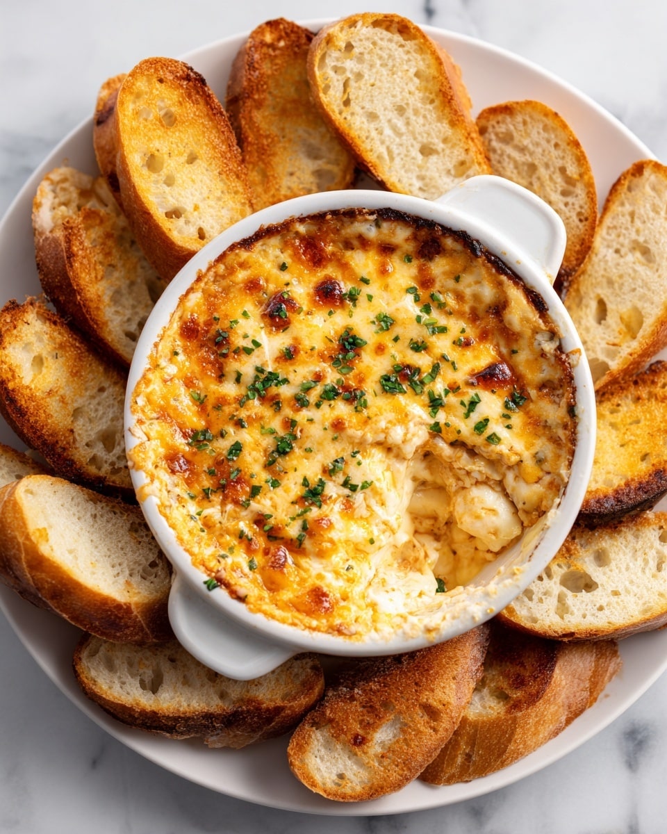 A white round ceramic dish filled with two layers: the bottom layer is creamy white dip with small pieces of white fish or chicken, mixed with herbs and small green bits; the top layer is a golden-brown melted cheese layer with browned spots and sprinkled chopped green herbs. The dish is surrounded by toasted bread slices and small bread pieces, all golden with some darker toasted edges. The whole scene is set on a white marbled surface. photo taken with an iphone --ar 4:5 --v 7