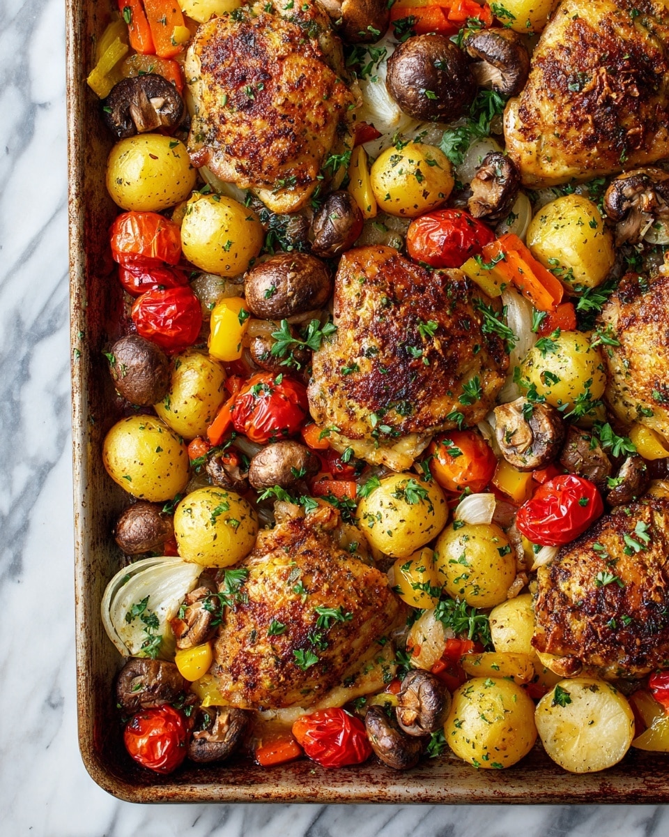 A close-up of a baking dish filled with golden-brown chicken pieces that are crispy on the outside with herbs sprinkled on top, surrounded by colorful roasted vegetables including red cherry tomatoes, yellow potato slices, orange carrot chunks, and small brown mushrooms, all coated lightly with oil and herbs. The food looks juicy and seasoned, sitting in a well-used metal tray with browned edges, placed on a white marbled texture. photo taken with an iphone --ar 4:5 --v 7