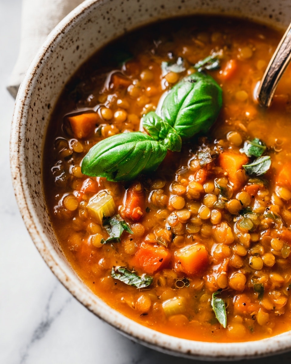 A close-up of a bowl filled with thick vegetable soup, showing a rich orange-brown broth with visible pieces of orange carrot, yellow potato, green celery, and lentils. The soup has some green herb leaves scattered on top, including one large fresh basil leaf in the middle. The bowl is white with a textured, speckled outside surface, sitting on a wooden table with a blurred green plant in the background, all on a white marbled texture. photo taken with an iphone --ar 4:5 --v 7