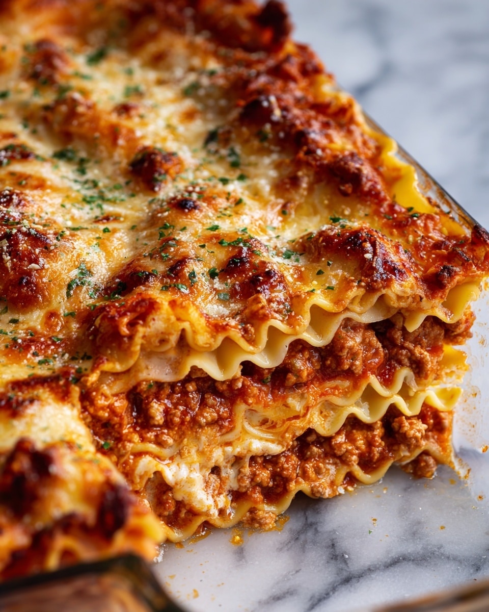 A close-up view of a baked lasagna in a glass dish shows multiple layers: at the bottom, flat pale pasta noodles, followed by a thick red tomato meat sauce layer with bits of ground meat, then another layer of the pasta noodles, topped with a golden brown melted cheese layer with some darker toasted spots and sprinkled green herbs. The edges of the pasta are slightly curled and the cheese has a shiny, gooey texture. The background is a white marbled texture. Photo taken with an iphone --ar 4:5 --v 7