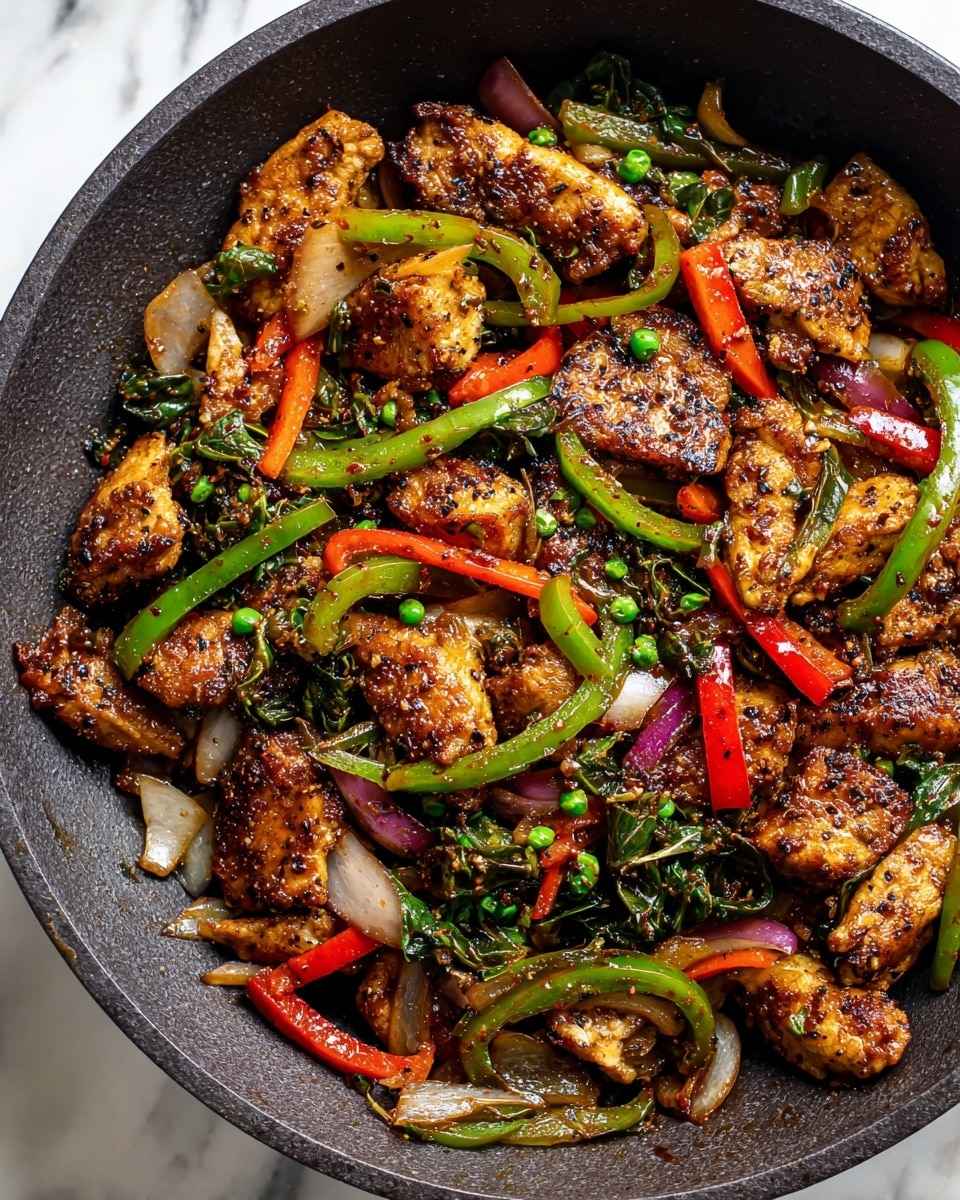 The image shows a colorful stir-fry dish in a black pan filled with three main layers: the top layer has glossy, golden-brown pieces of cooked chicken with a slightly charred texture; underneath are bright slices of red, green, and yellow bell peppers with a shiny surface; the bottom layer contains bits of translucent cooked onion and small green peas, all mixed together with specks of black pepper and herbs. The background is a white marbled texture. photo taken with an iphone --ar 4:5 --v 7