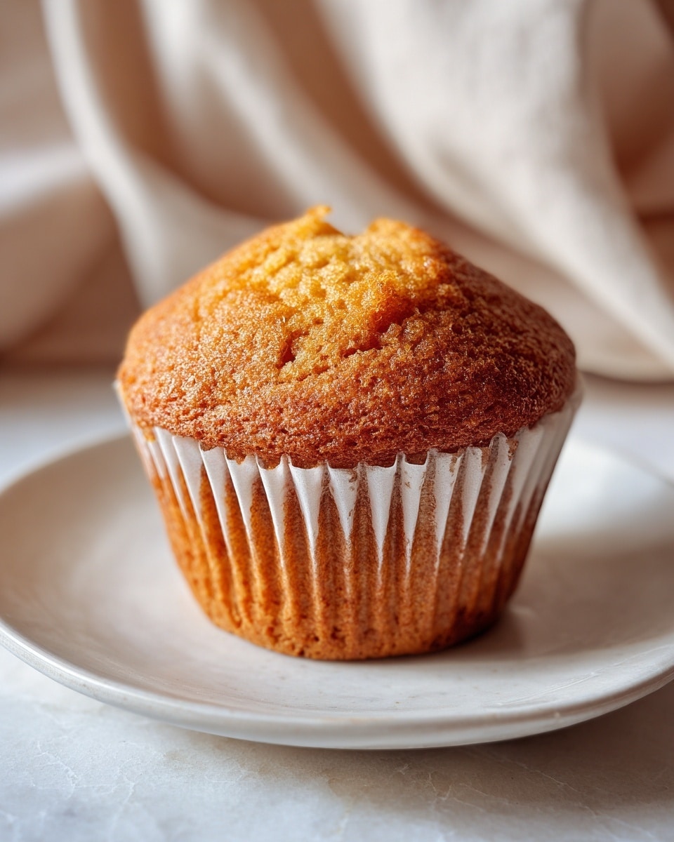 A single golden brown muffin with a slightly cracked, textured top sits centered on a simple white plate. The muffin's paper liner is white with vertical ridges and wraps evenly around its base. The plate rests on a soft, light beige fabric that adds a cozy feel, all placed against a clean white marbled background. The muffin looks moist and freshly baked, showing a warm and inviting look. Photo taken with an iphone --ar 4:5 --v 7