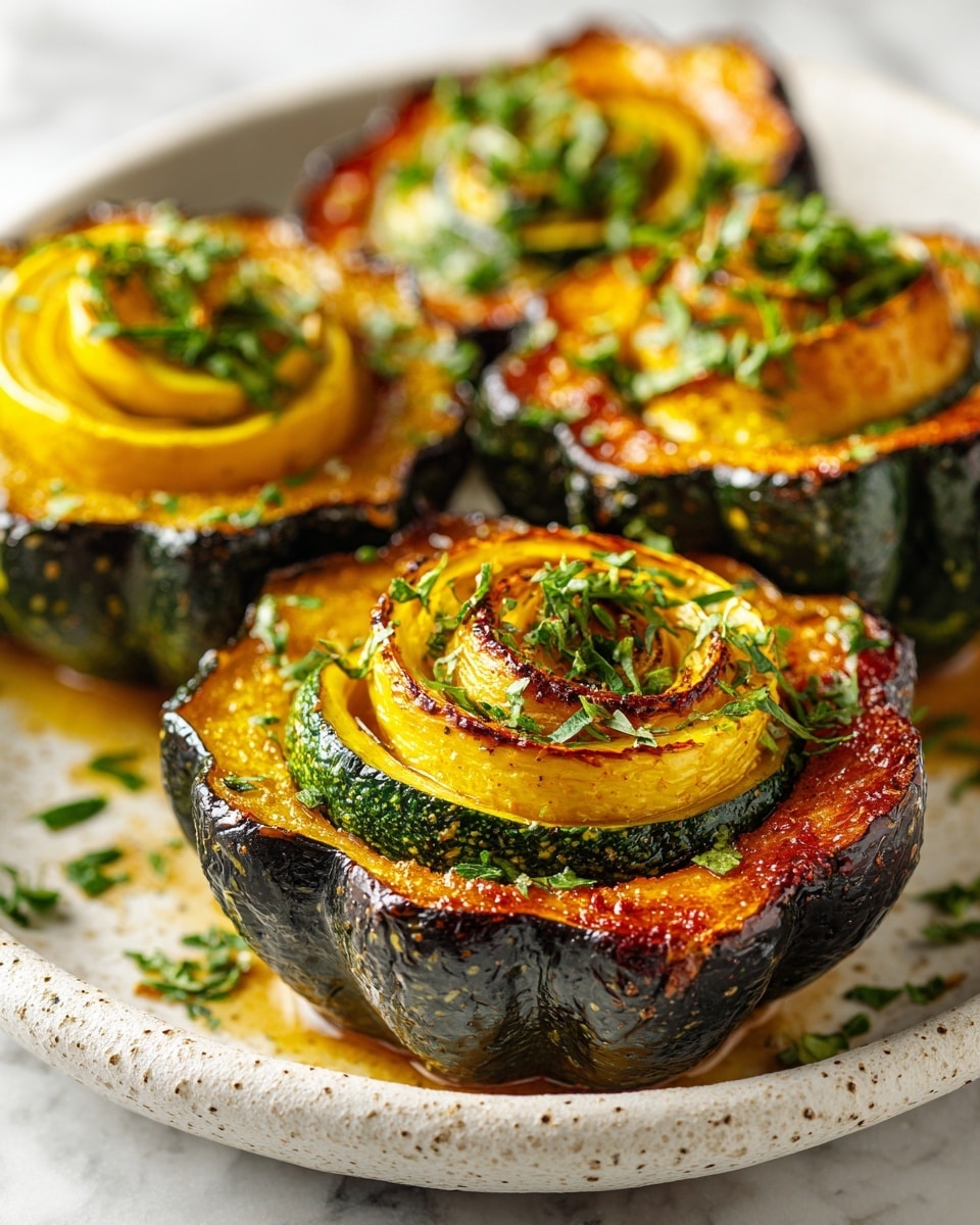 The dish shows a close-up of three roasted acorn squash halves served on a white ceramic plate with a subtle speckled texture, placed on a white marbled surface. Each squash is cut in half, dark green and ridged on the outside, with a golden-yellow, creamy interior that has been baked until the edges are caramelized and slightly browned. Inside each hollowed-out squash half, there is a round, golden layer of thinly sliced yellow and green vegetables arranged in a spiral, topped with finely chopped fresh green herbs, which adds a fresh contrast to the warm colors. The focus is on the front squash half, showing its rich texture and herb garnish in detail. Photo taken with an iphone --ar 4:5 --v 7