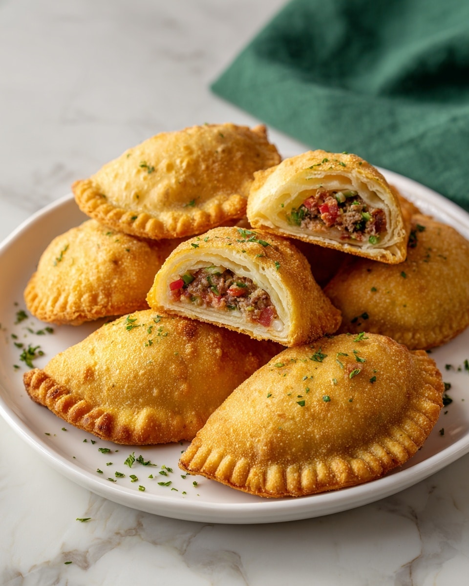 A white plate sits on a white marbled surface with a pile of golden deep-fried pastries, with a slightly rough and crispy texture. Two pastries are cut open to show the filling inside, which has three visible layers: the outer layer is a thin golden crust; inside, there is a white starchy base; and the top layer contains colorful diced vegetables and small pieces of meat in shades of green, red, and brown. The pastries are garnished with small bits of chopped green herbs sprinkled on top and around the plate. In the blurred background, a green cloth adds softness to the scene. Photo taken with an iphone --ar 4:5 --v 7