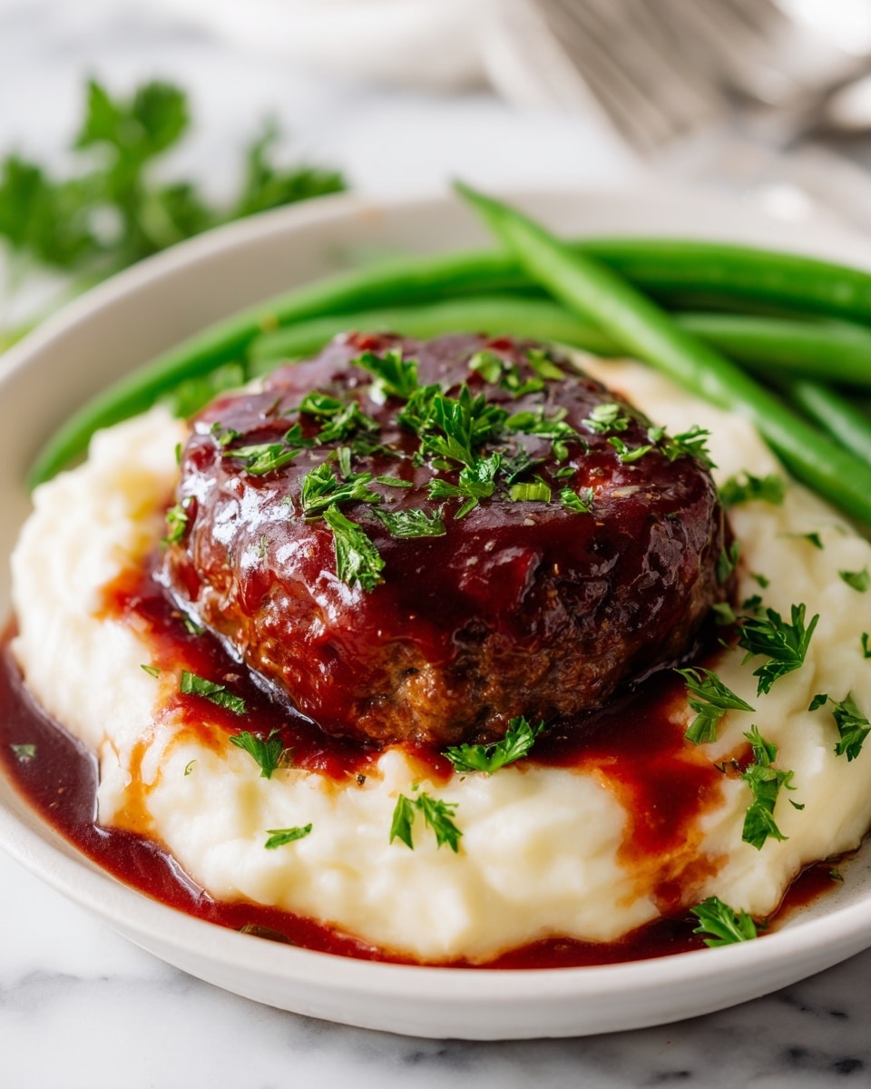 A thick, round meat patty with a shiny dark brown glaze sits on a bed of creamy white mashed potatoes with a smooth texture, both covered partly in a rich reddish-brown sauce. Bright green parsley leaves are sprinkled on top of the meat and mashed potatoes, adding freshness and color. To the side, neatly lined tender green beans add a fresh green contrast. The dish is presented on a white plate, placed on a white marbled surface. Photo taken with an iphone --ar 4:5 --v 7