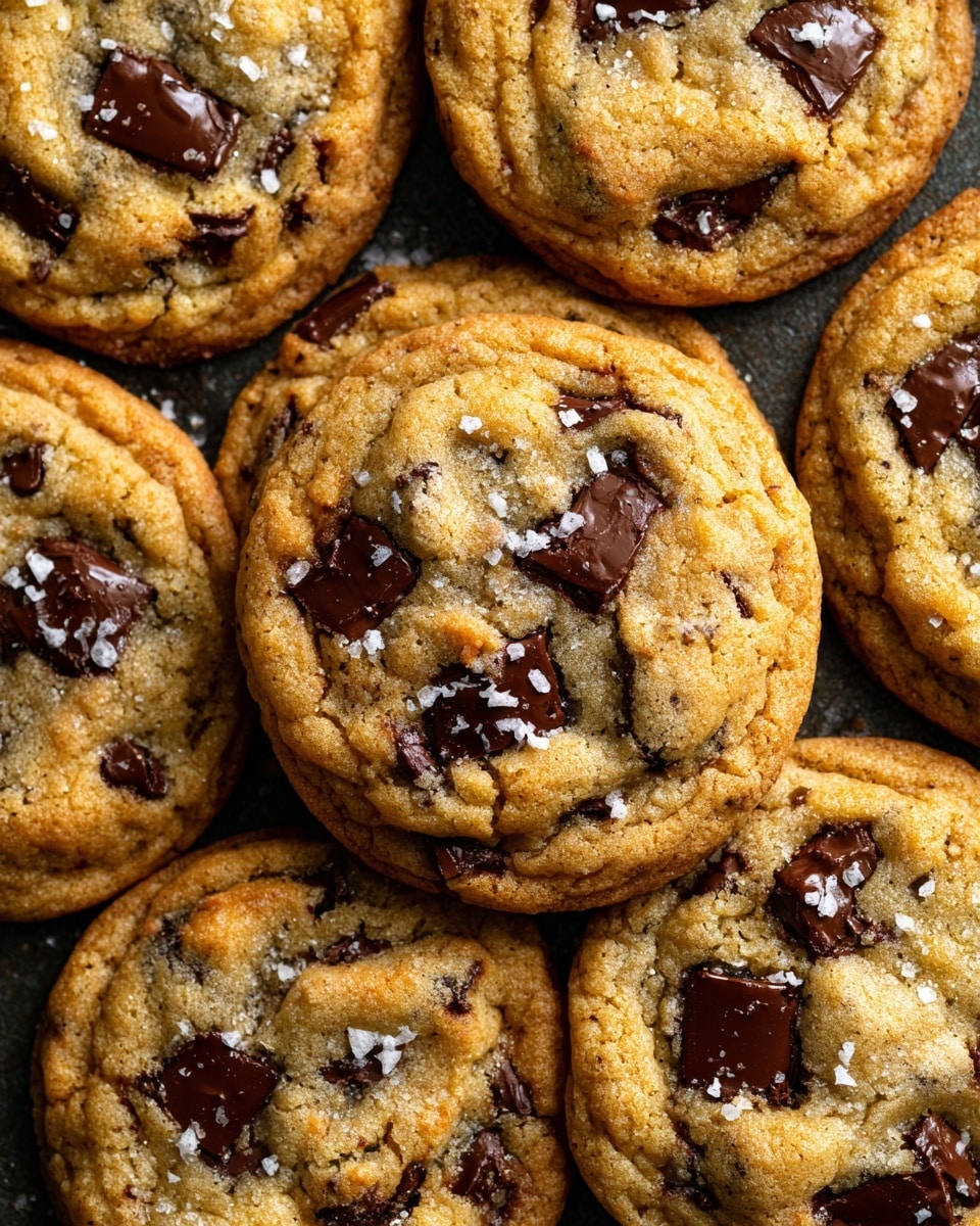 A close-up view of many soft chocolate chip cookies placed on a black wire rack, with each cookie showing a golden-brown textured top, studded with melted dark chocolate chips and sprinkled with small white flaky salt crystals. The cookies are slightly thick and have a slightly rough surface with visible cracks and a chewy texture. The overall setting features a white marbled background. photo taken with an iphone --ar 4:5 --v 7