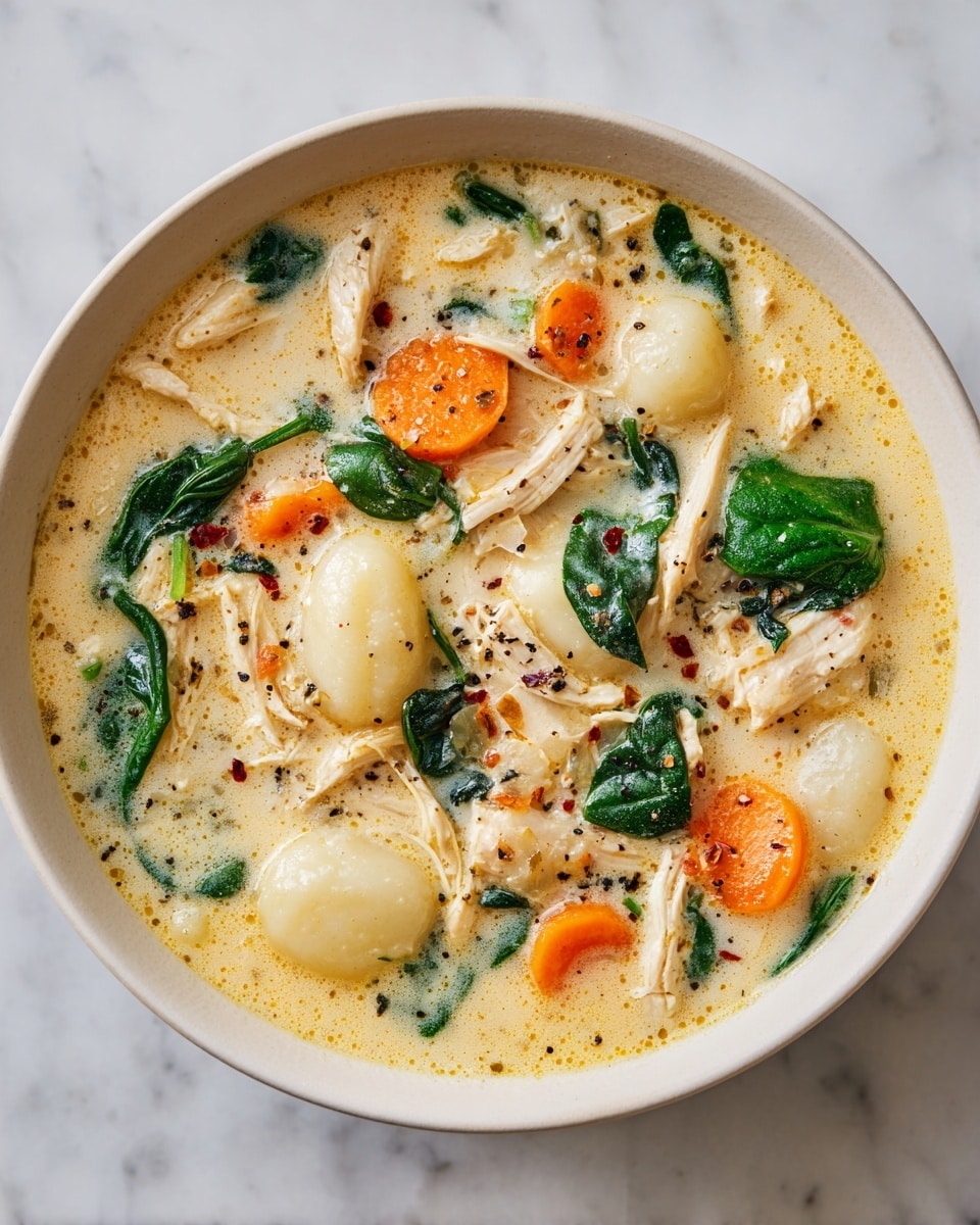 A white bowl filled with creamy chicken soup sits on a white marbled surface. The soup has a thick white broth base with visible small white gnocchi pieces, orange carrot slices, shredded white chicken pieces, and dark green spinach leaves. Black pepper is sprinkled on the top, adding tiny black dots across the smooth surface. The soup looks warm and hearty with soft, chunky ingredients gently mixed in. photo taken with an iphone --ar 4:5 --v 7