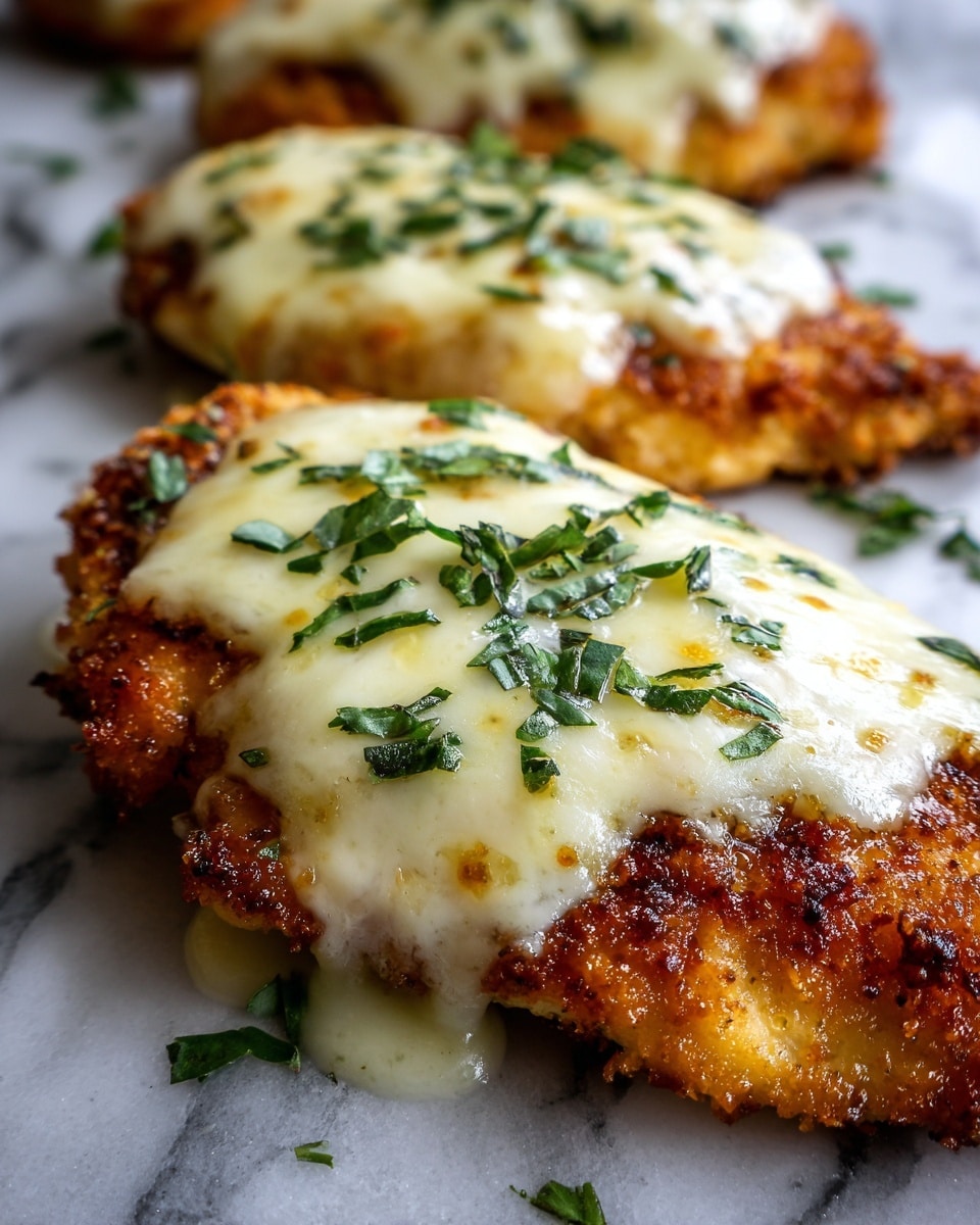 The image shows a close-up of three crispy breaded chicken pieces arranged next to each other. Each piece has a golden brown, crunchy textured base layer. On top of the breading, a smooth, melted white cheese layer covers part of the chicken, slightly dripping at the edges. The cheese is sprinkled with small green herb flakes and tiny bits of light brown toasted garlic, adding texture and color contrast. The background is a white marbled surface. Photo taken with an iphone --ar 4:5 --v 7