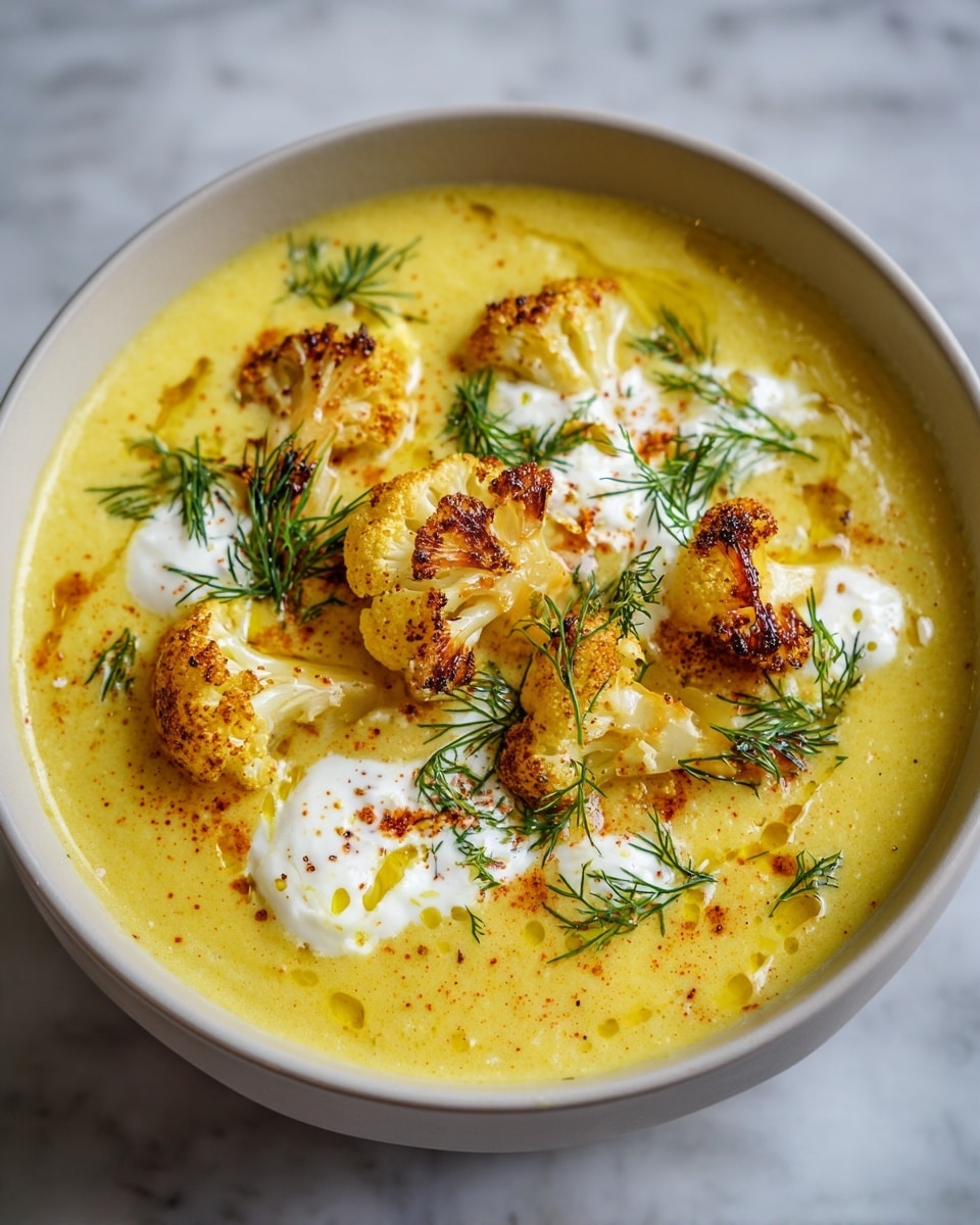 A white bowl filled with a creamy yellow soup that has a smooth texture. On top, there are pieces of golden-brown roasted cauliflower, some white creamy dollops, and a sprinkle of reddish spices. A small green sprig of dill lies in the center for garnish. The bowl sits on a white marbled surface. Photo taken with an iphone --ar 4:5 --v 7