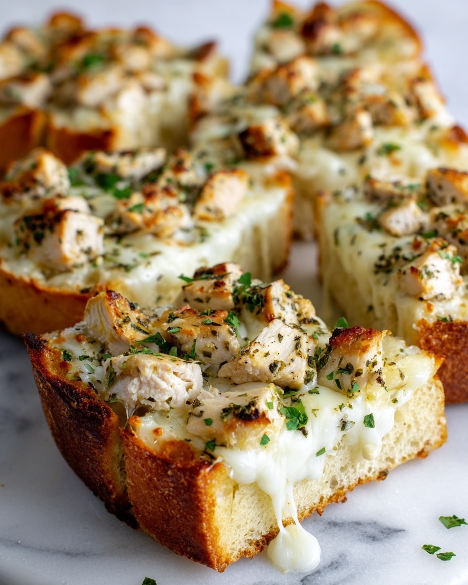A close-up view of a sandwich cut into rectangles, each piece stacked with several visible layers: the bottom layer is a thick base of toasted golden-brown bread, topped with a generous layer of melted white cheese that looks creamy and stretchy, followed by chunks of grilled chicken with a light brown color and a sprinkling of green herbs scattered on top. The pieces are arranged closely together and sit on a surface with a white marbled texture. photo taken with an iphone --ar 4:5 --v 7