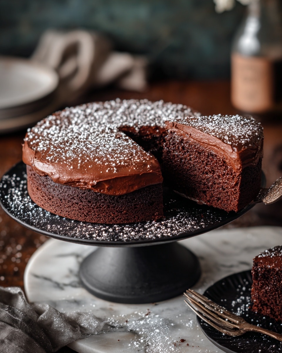 A dark chocolate cake with a single thick layer, covered in shiny chocolate ganache that looks smooth and glossy, topped with a dusting of white powdered sugar scattered unevenly on the surface. One slice is cut out, showing the moist and dense texture inside. The cake sits on a black cake stand with a slightly reflective surface, placed on a white marbled textured surface sprinkled with powdered sugar. In the background, there is a blurred bottle and a black plate with a fork resting on it. photo taken with an iphone --ar 4:5 --v 7