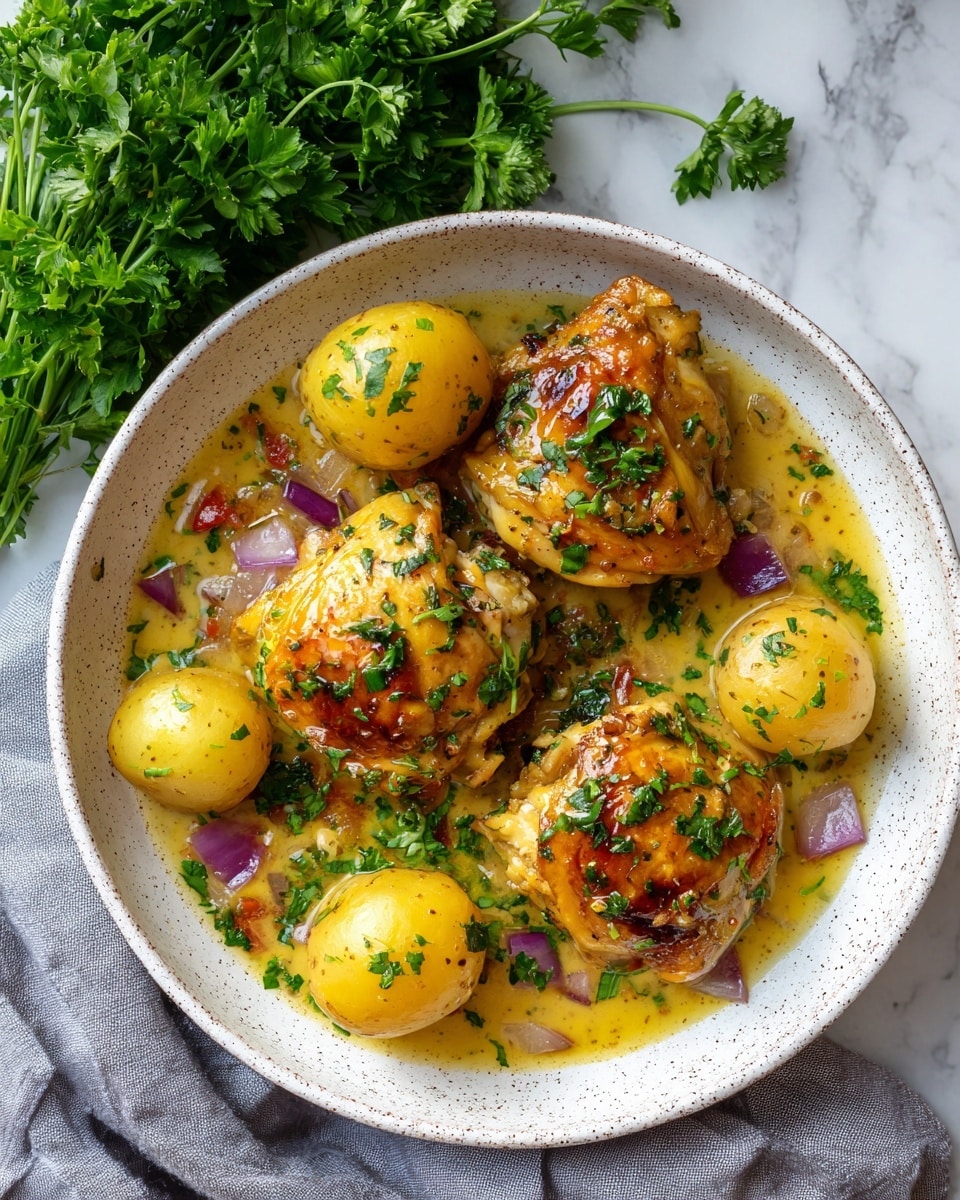 A white plate with a dark rim holds two browned chicken thighs in the center, covered in a glossy light yellow sauce with herbs scattered on top. Around the chicken are three small boiled potatoes, light yellow and smooth, sprinkled with green herbs. There are also pieces of red tomato, purple onion, and a halved white mushroom visible, all sitting in the sauce which pools at the base. The plate rests on a white marbled textured surface with some greens blurred in the background. photo taken with an iphone --ar 4:5 --v 7