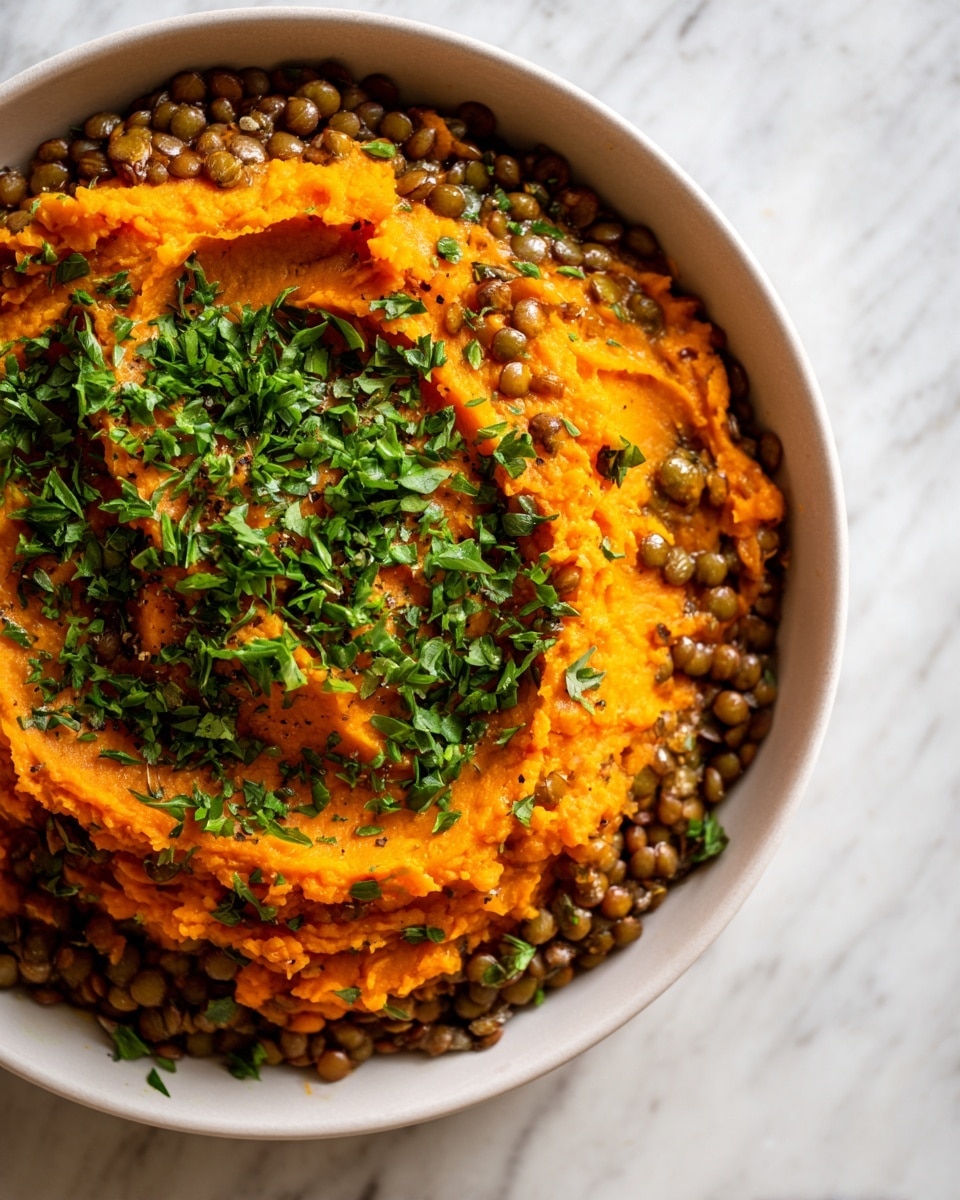 A white bowl holds a two-layer dish with a base of cooked lentils in various shades of brown and green, showing a slightly glossy texture. On top, there is a thick, smooth layer of mashed orange sweet potatoes with some browned crispy edges at the top. The mashed layer is garnished generously with finely chopped fresh green herbs evenly spread over the surface. The bowl is set on a white marbled textured surface. Photo taken with an iphone --ar 4:5 --v 7