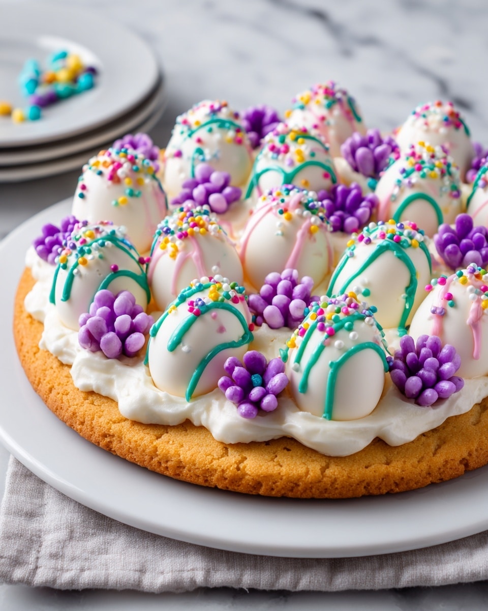 A single round tart is shown on a white plate with scalloped edges, placed on a white marbled surface. The tart has a golden-brown crust base, topped with a smooth layer of white cream mixed with a light yellow cream. On top of this layer, there are about 12 small oval eggs arranged in four rows. The eggs are coated in white chocolate and decorated with thin colorful drizzles in pink, blue, and green, each sprinkled with small round colourful candy pieces. In the background, there are out-of-focus pastel pink and green eggs and clusters of small purple flowers. photo taken with an iphone --ar 4:5 --v 7