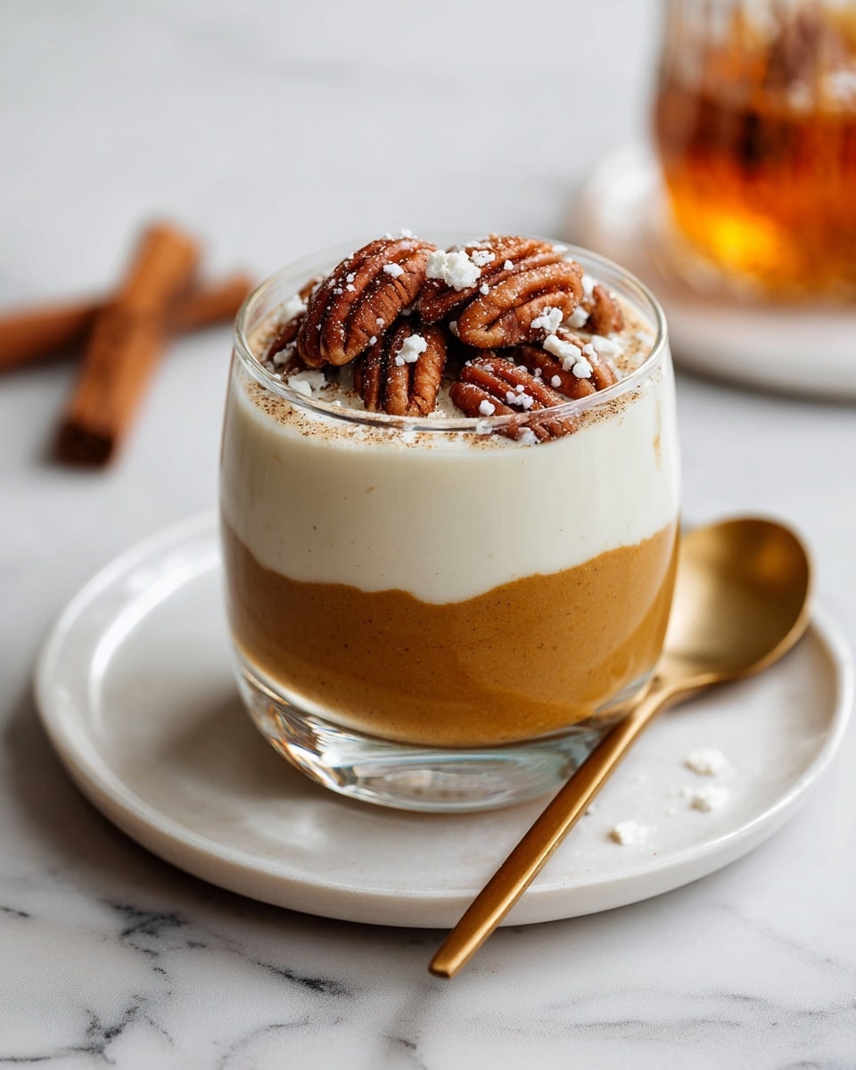 The image shows a small clear glass filled with three layers of dessert placed on a white plate with a dark spoon beside it. The bottom layer is a smooth, dark brown mixture. The middle layer is light brown with a soft texture. The top layer is white cream with a sprinkle of nuts including whole pecans and smaller light brown chopped nuts, arranged on top. In the background, there is a white marbled surface with cinnamon sticks to the left and a blurred amber glass at the back. A woman's hand is not visible in this image. Photo taken with an iphone --ar 4:5 --v 7