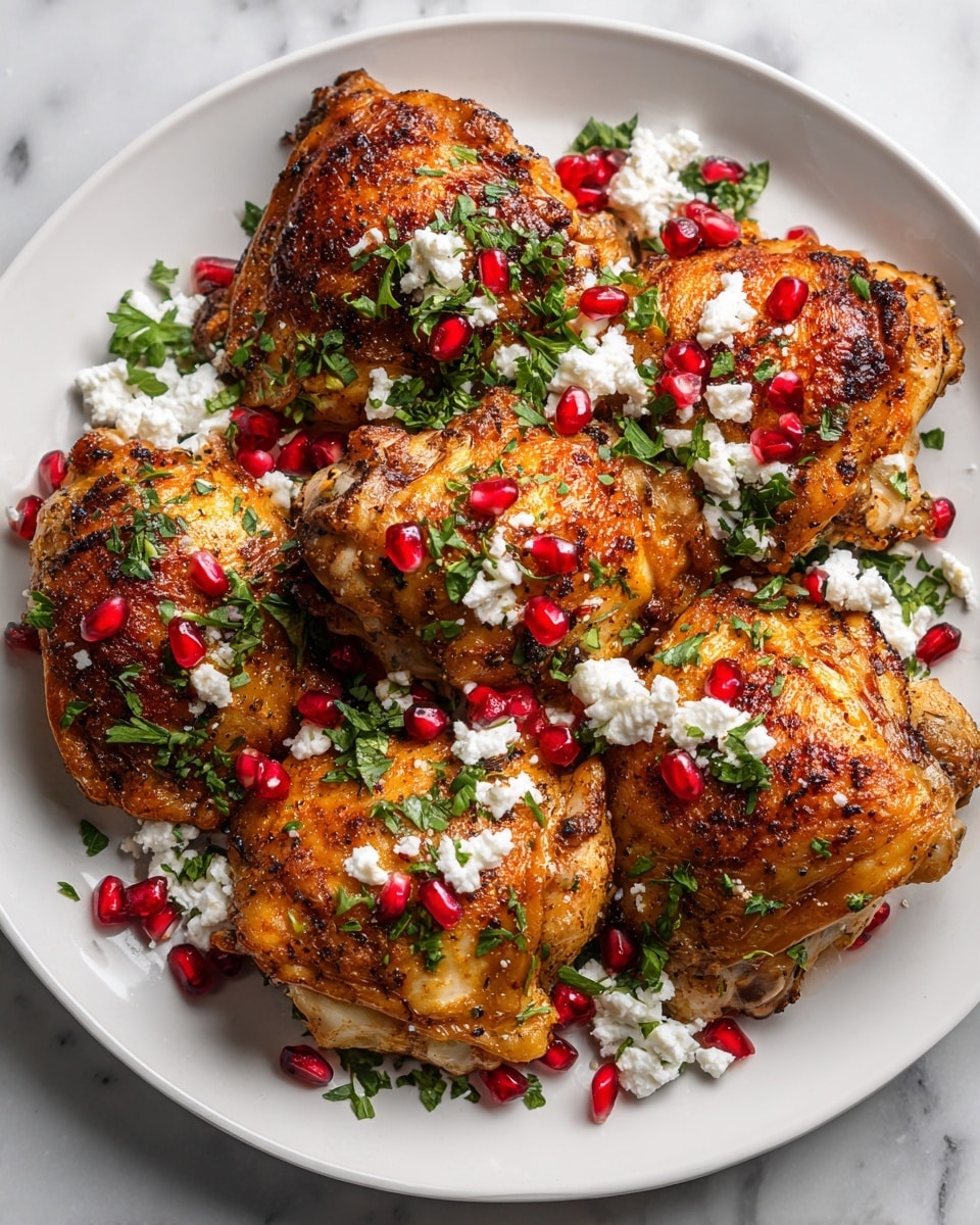 The image shows a close-up of a dish with four browned chicken thighs placed on a white plate. The chicken has a crispy, golden skin with some herbs sprinkled on top. Scattered over and around the chicken are bright red cranberries and small chunks of white cheese, giving the dish bright pops of color. Fresh green herbs are spread evenly on the chicken and cranberries, adding texture and freshness. The plate rests on a white marbled surface. Photo taken with an iphone --ar 4:5 --v 7