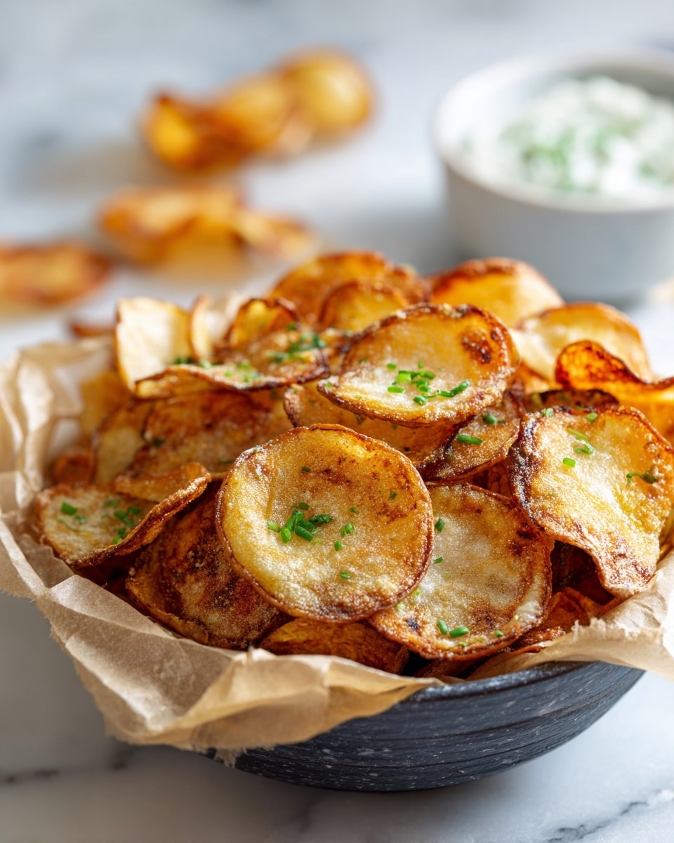 A bowl filled with thin, golden-brown potato chips that have crispy edges and a slightly oily shine; the chips are layered unevenly, some slightly curled with a few small green herb pieces scattered on top, all resting on light brown parchment paper inside the bowl. The bowl is placed on a white marbled surface with another bowl in the background blurred out. photo taken with an iphone --ar 4:5 --v 7