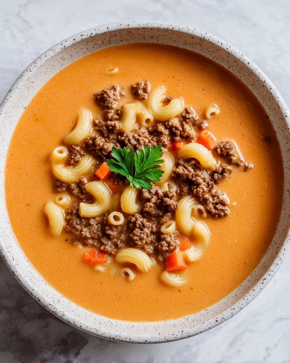 A close-up of a bowl of creamy macaroni soup with ground beef and small bits of orange carrot mixed in. The bowl is white with a gray rim, filled almost to the top with a thick, orange-yellow creamy broth. The macaroni noodles are cooked and soft, pale yellow in color, scattered evenly throughout. Tender brown ground beef crumbles sit both under and on top of the noodles, with two small bright green parsley leaves placed right in the middle as garnish. The bowl rests on a white marbled surface, showing subtle texture. Photo taken with an iphone --ar 4:5 --v 7