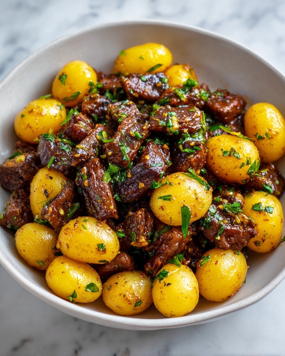 The image shows a close-up of a dish with two main layers on a white plate: golden-brown small round potatoes with a smooth, slightly shiny texture, sprinkled with chopped green herbs, and large, thick cubes of dark brown, grilled beef with a moist, glistening surface, also topped with green herbs. The potatoes and beef pieces are mixed closely together, covered in a light glossy sauce giving a fresh and juicy look. The background is a white marbled texture. photo taken with an iphone --ar 4:5 --v 7