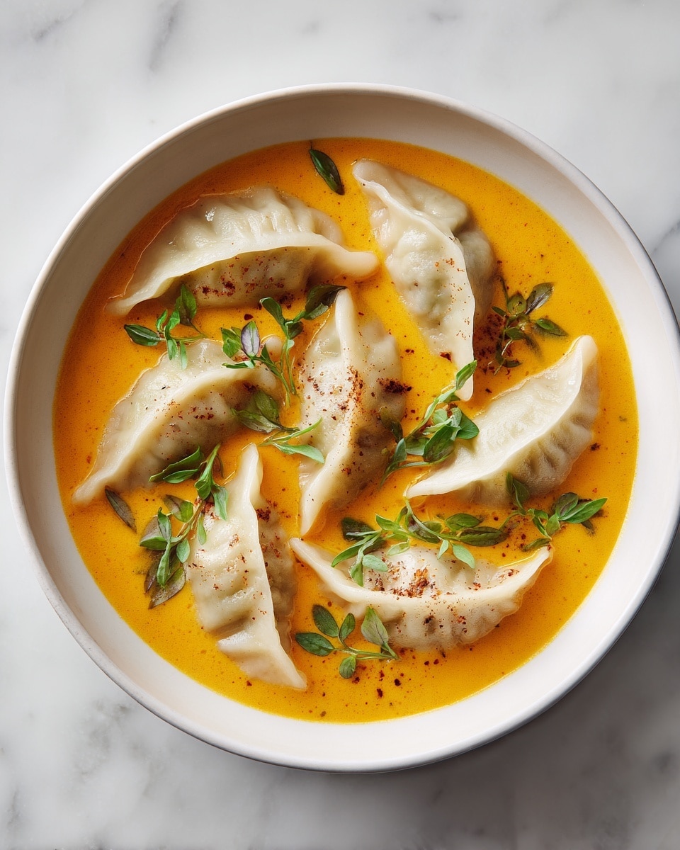 The image shows a white bowl filled with a creamy orange soup. Inside the soup, there are seven dumplings floating, each with a soft, pale beige skin and slightly wrinkled edges. The soup has a smooth texture with some small bits of red seasoning scattered across the surface. Tiny green herb pieces are sprinkled on top of the dumplings and soup, adding a fresh look. The bowl sits on a white marbled surface. photo taken with an iphone --ar 4:5 --v 7