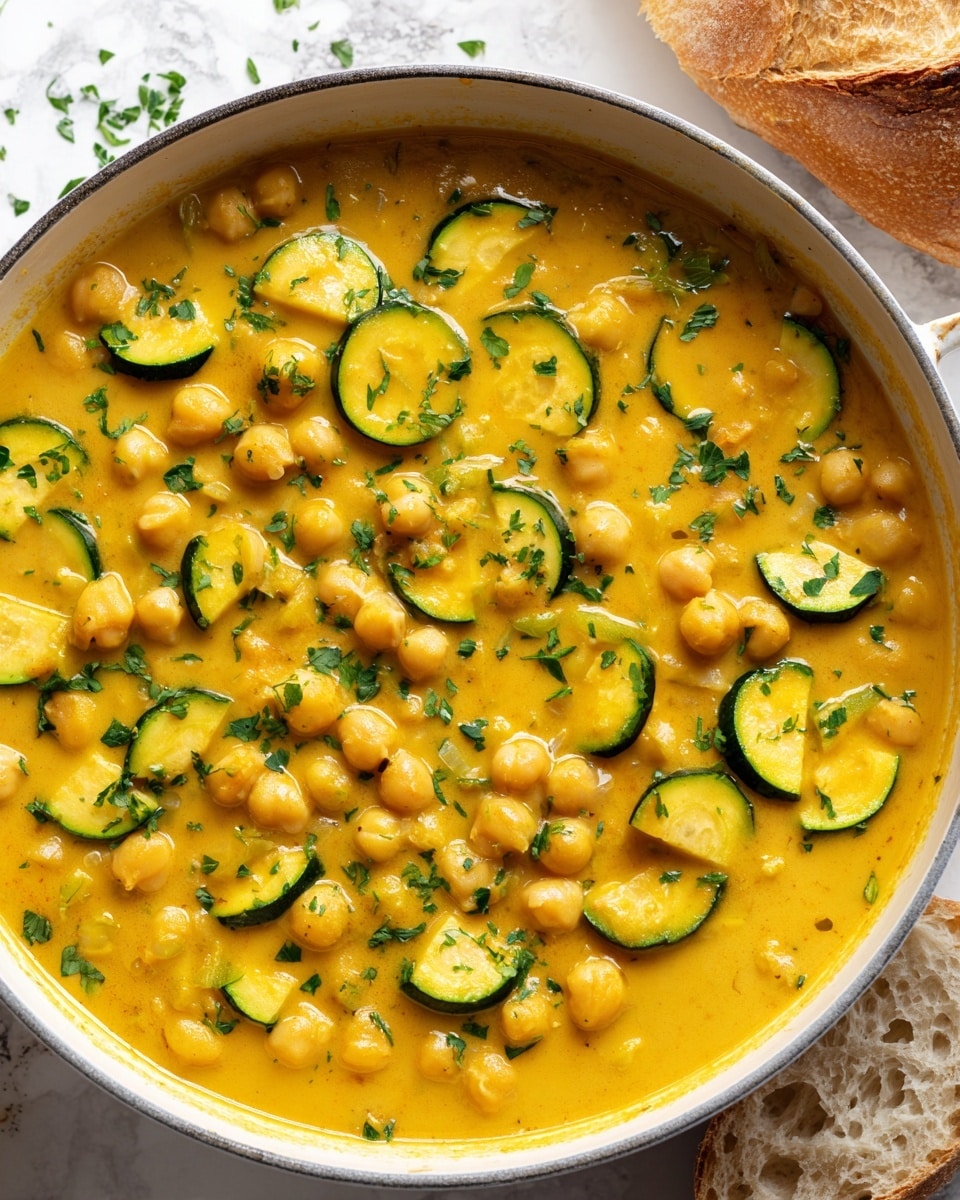 A close-up view of a creamy stew served in a white bowl, filled with bright yellow and green pieces of zucchini, creamy white chickpeas, soft chunks of tofu or paneer, all mixed in a smooth orange sauce. The stew is topped with chopped fresh green herbs scattered across the surface, adding vibrant color. Around the bowl, there are slices of light brown bread, and the scene is set on a white marbled surface. A woman's hand holds the bowl slightly at the edge, showing a casual and inviting moment. Photo taken with an iphone --ar 4:5 --v 7