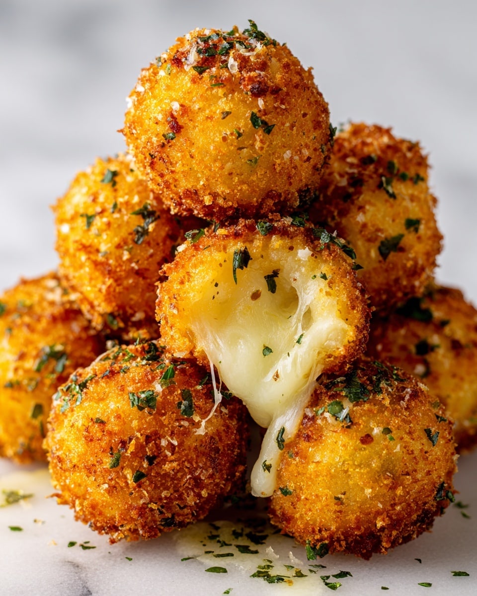 The image shows a close-up of a stack of crispy golden-brown fried cheese balls with a crunchy, textured coating. One cheese ball is broken open, revealing a creamy, melted yellow cheese center. The cheese balls are sprinkled with grated white cheese and finely chopped green herbs on top. The background features a white marbled surface. photo taken with an iphone --ar 4:5 --v 7