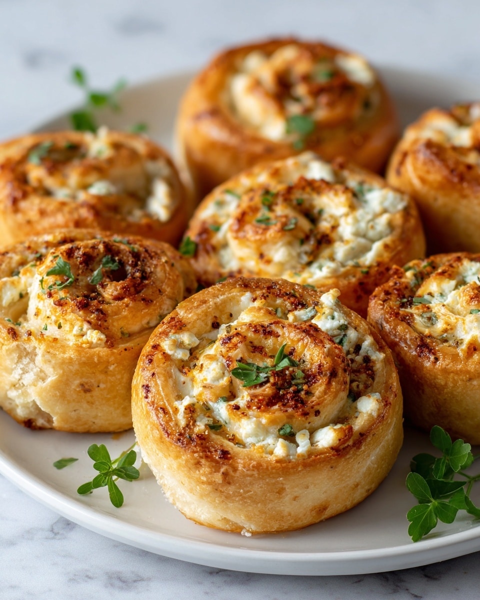 The image shows six golden-brown stuffed rolls placed close together on a white plate. Each roll has a crispy, textured outer layer with a mix of spices sprinkled on top, and they are filled with creamy white cheese mixed with green herb bits visible inside. The rolls are slightly glistening with oil or sauce, and there are small green herb leaves garnishing on and around them. The plate sits on a white marbled surface with a blurred green background. Photo taken with an iphone --ar 4:5 --v 7