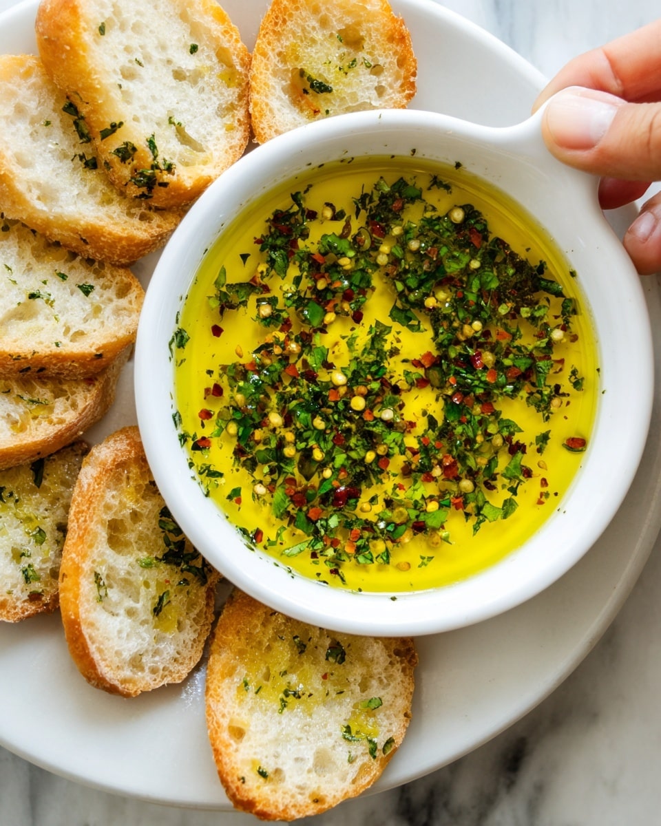 A small white bowl filled with a thick, yellowish-green dip with herbs and spices sprinkled on top. Around the bowl, pieces of soft, torn bread are arranged on a white marbled surface. The dip looks oily with visible green and red herbs floating, and the bread is fluffy with a light brown crust. A woman's hand is reaching to grab a piece of bread. Photo taken with an iphone --ar 4:5 --v 7