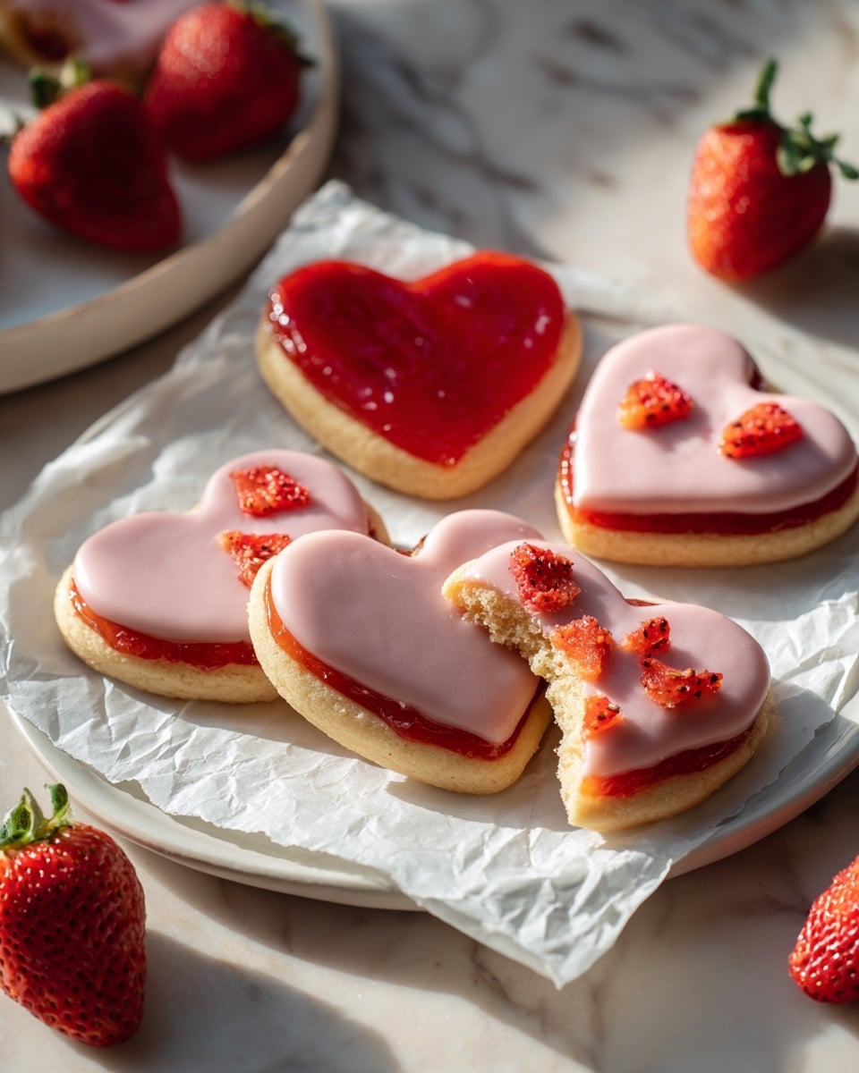 The image shows five heart-shaped cookies arranged on crumpled parchment paper over a white plate, all set on a white marbled surface. Each cookie has three layers: a bottom light golden-brown soft cookie base, a middle bright red jelly or jam layer, and a smooth pale pink icing layer on top with a glossy texture. Two of the cookies are decorated with small pieces of dried strawberry on the icing. Two cookies have a bite taken out, revealing the red jam layer inside. Fresh whole strawberries are scattered around the cookies, adding bright red accents. The scene is lit with warm, natural light that creates soft shadows. Photo taken with an iphone --ar 4:5 --v 7