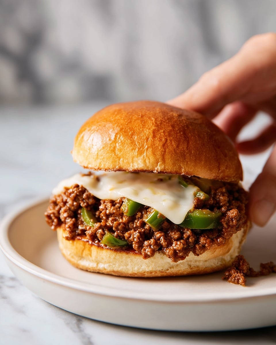 The image shows a close-up of a sandwich with a shiny, golden brown bun on top. Inside, there is one thick layer of cooked ground beef mixed with green bell pepper slices, creating a textured and juicy center. On the beef layer, there is a melted slice of white cheese that looks smooth and creamy, slightly melting over the meat. The sandwich sits on a white plate, placed on a white marbled surface. A woman's hand is reaching toward the sandwich. photo taken with an iphone --ar 4:5 --v 7