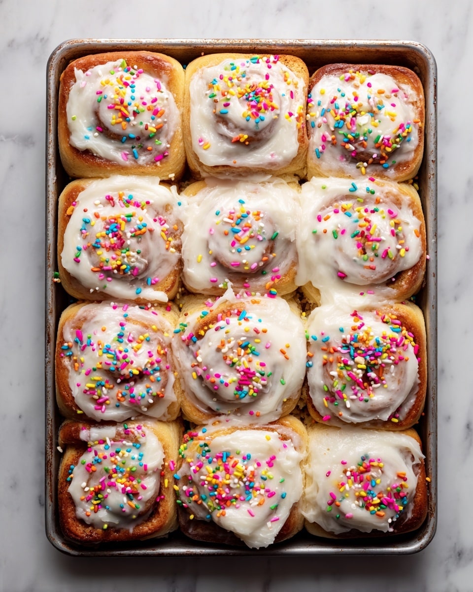 A metal baking tray holds twelve square cinnamon rolls arranged in four rows of three, each roll topped with thick, white creamy icing that is swirled unevenly over the surface. The rolls have a golden-brown baked texture peeking through the icing in places, with a soft, doughy appearance. Bright, round, multicolored sprinkles in pink, yellow, green, blue, orange, and purple are scattered generously on top of each roll. The tray sits on a white marbled surface that adds a clean, bright contrast to the warm colors of the cinnamon rolls. photo taken with an iphone --ar 4:5 --v 7