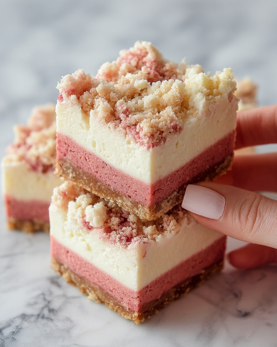 The image shows a close-up of a dessert with three visible layers. The bottom layer is a thick pinkish-red base with a soft, smooth texture. Above it is a thick white creamy layer that looks light and fluffy. The top layer is a crumbly mix of pink and pale beige pieces, giving a crunchy texture, and it covers the entire dessert. The dessert is cut into square pieces stacked slightly on top of each other, and a woman's hand is gently holding one piece from the stack. The background is a white marbled texture. Photo taken with an iphone --ar 4:5 --v 7
