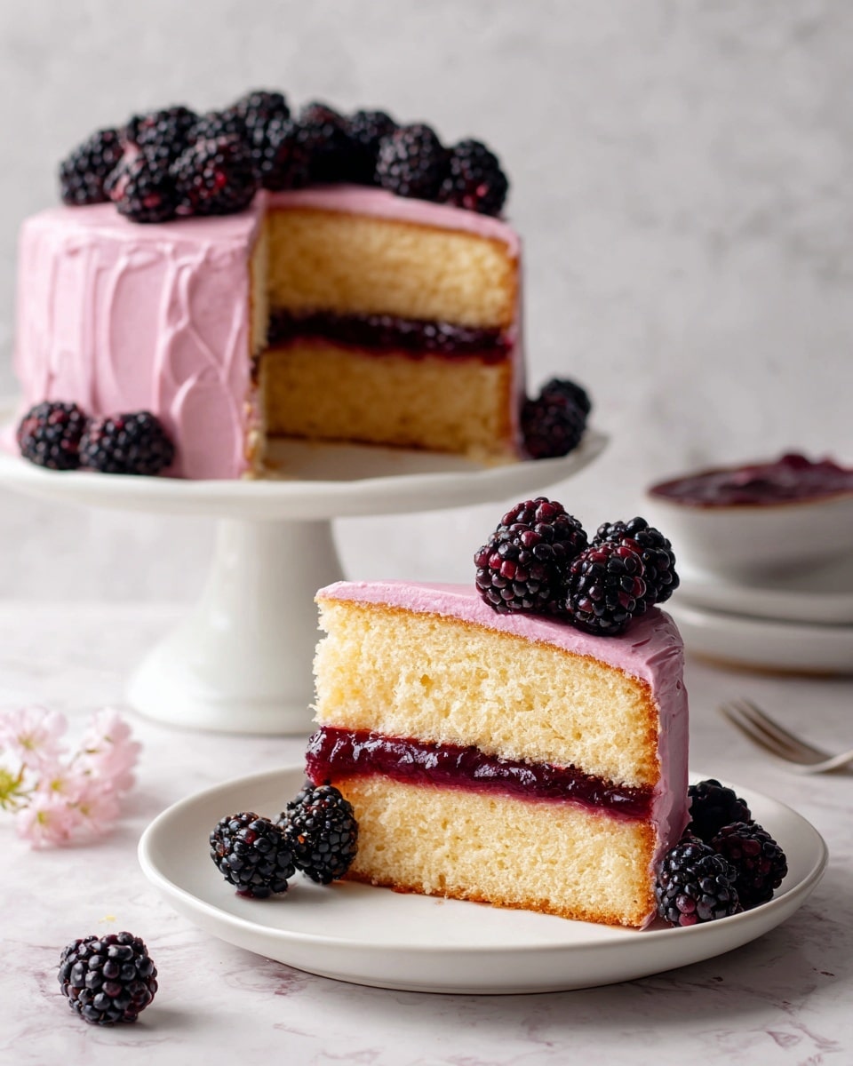 A slice of two-layer white cake on a white plate sits on a white marbled surface. The bottom layer is soft and light yellowish-white, topped by a thick, dark red berry jam filling. The top layer matches the bottom in color and texture. The whole slice is covered with smooth, thick purple-pink frosting that also coats the sides. Three shiny blackberries sit on top of the frosting, with two more blackberries placed on the plate around the slice. In the background, more cake with similar frosting and blackberries can be seen slightly out of focus. Photo taken with an iphone --ar 4:5 --v 7