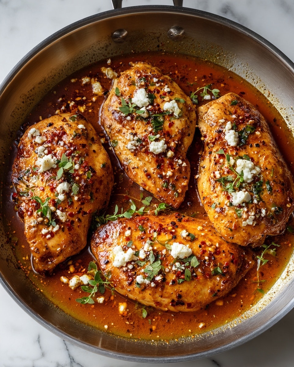 Four cooked chicken breasts are shown close up in a frying pan. Each piece is covered in a shiny, dark reddish brown sauce with visible seeds and red chili flakes. On top of each chicken breast, there are small white crumbled cheese pieces and fresh green herb leaves, adding a fresh look. The chicken looks juicy with a nice crispy edge. The pan and the background are changed to a white marbled texture for a bright and clean look. photo taken with an iphone --ar 4:5 --v 7