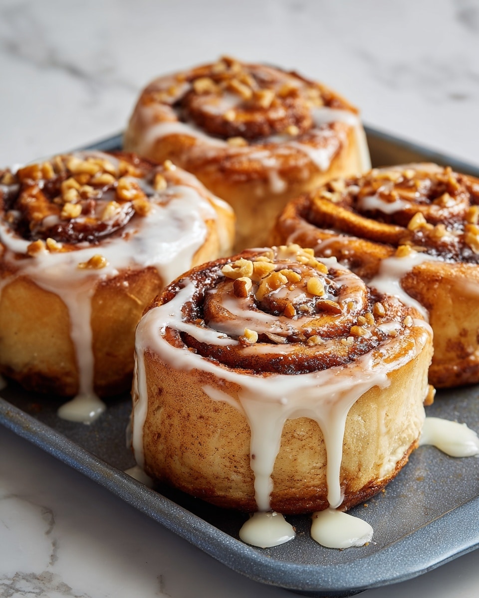 Four cinnamon rolls are shown close-up on a dark grey baking tray placed on a white marbled surface. Each cinnamon roll has soft, thick, light golden-brown dough forming three to four visible spiral layers. The top spiral layer is darker with cinnamon filling, and the rolls are drizzled with white icing flowing over the sides and light caramel sauce dripping down the sides as well. The closest roll also has chopped nuts sprinkled in the center. Photo taken with an iphone --ar 4:5 --v 7