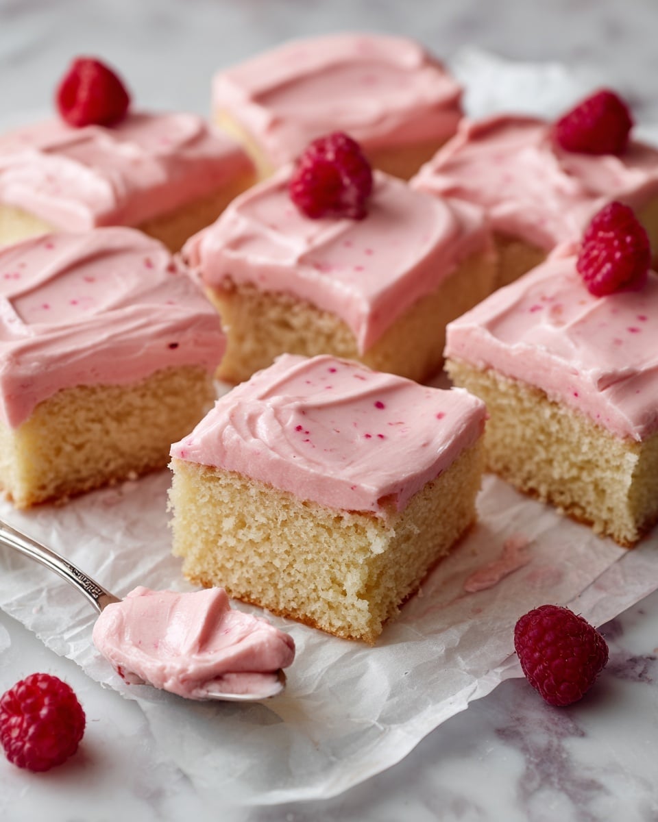 Nine square pieces of cake are placed on a white marbled surface lined with white parchment paper. Each piece has two layers: a yellowish, soft crumb base that looks moist, and a thick, smooth pink frosting spread evenly on top with wavy texture. Two pieces are turned on their side, showing the two layers clearly. A silver spoon with some pink frosting sits on the right side, and two fresh raspberries are placed near the cake pieces. Photo taken with an iphone --ar 4:5 --v 7
