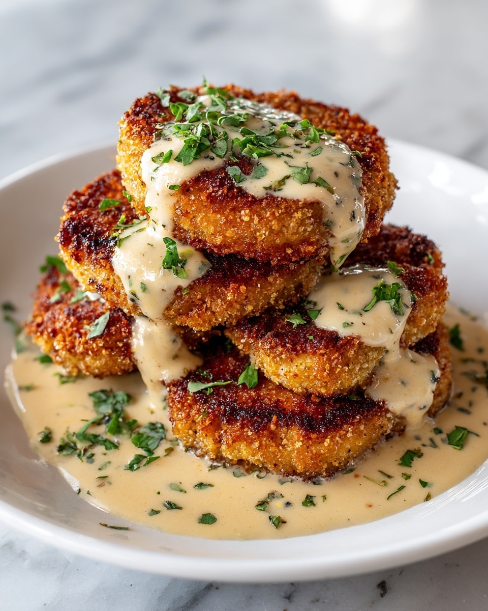 Four round, golden brown breaded patties are stacked slightly overlapping in the center of a white plate, each patty showing a crispy texture with specks of herbs in the coating. They are topped with a creamy white sauce that has green herb pieces mixed in, and more sauce with herbs is spread around the base of the patties on the plate. Small fresh green herb leaves are scattered on top of the sauce, adding color contrast. The plate sits on a white marbled surface. photo taken with an iphone --ar 4:5 --v 7