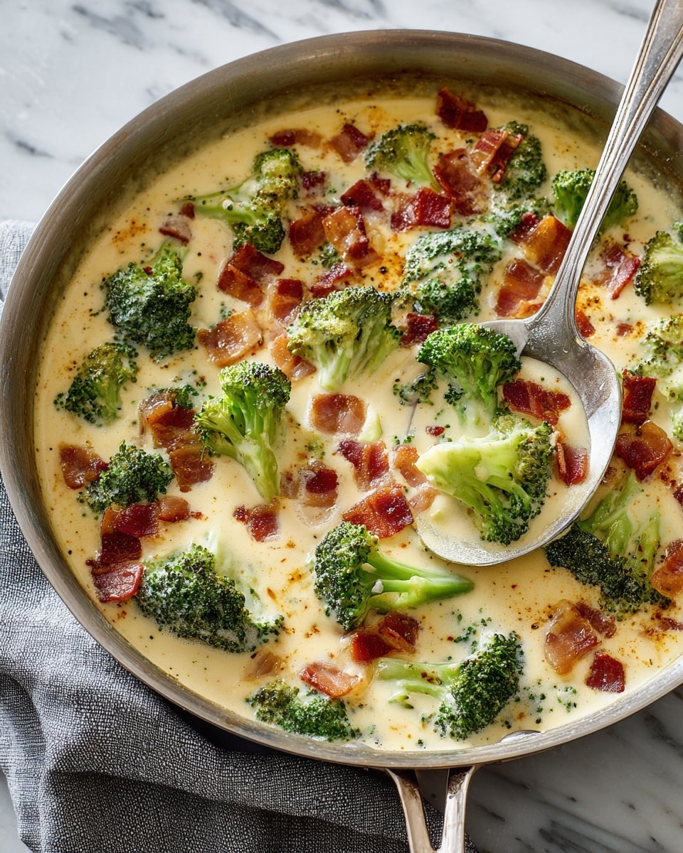 A close-up view of a pan filled with creamy broccoli cheese casserole. The base layer is a rich, smooth yellow cheese sauce that looks thick and velvety. On top of this sauce, there are bright green broccoli florets scattered evenly, their texture firm yet tender. Mixed into the broccoli are small, crispy pieces of reddish-brown bacon adding a pop of color and texture contrast. There are small specks of black pepper sprinkled over the top, enhancing the visual appeal. A metal spoon rests inside the pan, partially dipped into the creamy mixture. The pan sits on a white marbled surface with a crumpled gray cloth nearby. Photo taken with an iphone --ar 4:5 --v 7