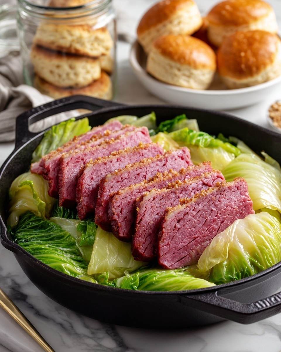 The image shows a black skillet filled with cooked green cabbage leaves as the bottom layer, which look soft and slightly wilted. On top of the cabbage, there are five thick slices of pinkish-red corned beef with a juicy texture and a browned edge, arranged side by side in a neat row. In the background, there is a clear glass jar with golden brown biscuits inside and a white bowl with round bread rolls. Everything is placed on a white marbled surface. photo taken with an iphone --ar 4:5 --v 7