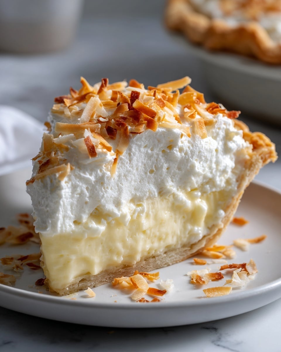 A slice of coconut cream pie sits on a white plate placed on a white marbled surface. The pie has three visible layers: the bottom layer is a golden, soft crust; the middle layer is thick, pale yellow custard that looks creamy and smooth; the top layer is a thick, fluffy white whipped cream, sprinkled with golden-brown toasted coconut flakes that add texture and color contrast. Photo taken with an iphone --ar 4:5 --v 7