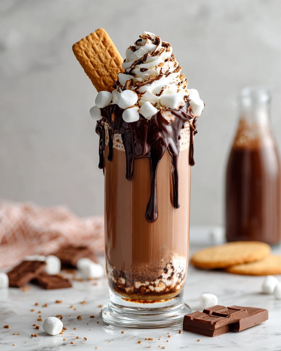 A tall transparent glass filled with a smooth light brown chocolate drink, with chocolate syrup dripping inside the glass. The rim of the glass is coated thickly with dark chocolate and covered with small white marshmallows all around. On top, there is a thick swirl of white whipped cream with thin lines of dark chocolate syrup drizzled over it. Two biscuit sticks, one longer and one smaller, are placed sticking out from the whipped cream. Pieces of chocolate squares and biscuits lie scattered around the base of the glass on a white marbled surface, with a blurred bottle in the background. Photo taken with an iphone --ar 4:5 --v 7