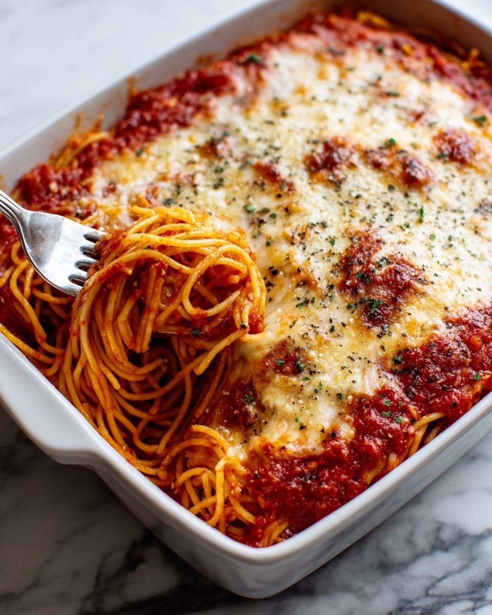 A white rectangular dish filled with spaghetti covered by a thick layer of melted cheese that is golden brown and slightly bubbly on top. Below the cheese, a layer of red tomato sauce is visible, clinging to the spaghetti noodles that sit at the bottom. The cheese has some sprinkled herbs and black pepper giving texture and color contrast. A silver fork is placed inside the dish, partly twirling some spaghetti strands. The background is a white marbled surface. photo taken with an iphone --ar 4:5 --v 7