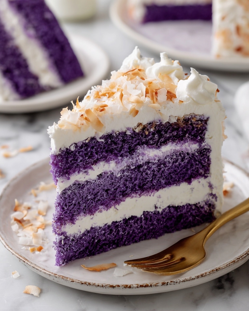 A slice of three-layer purple cake with creamy white frosting between each thick layer sits on a white plate. The purple layers have a soft, moist texture, while the white frosting looks smooth and fluffy. The top is covered with a thick layer of white frosting sprinkled with light brown toasted coconut flakes. Some toasted coconut flakes are scattered around the base of the slice on the plate. The scene is set on a white marbled surface with a blurred background showing more cake pieces. photo taken with an iphone --ar 4:5 --v 7